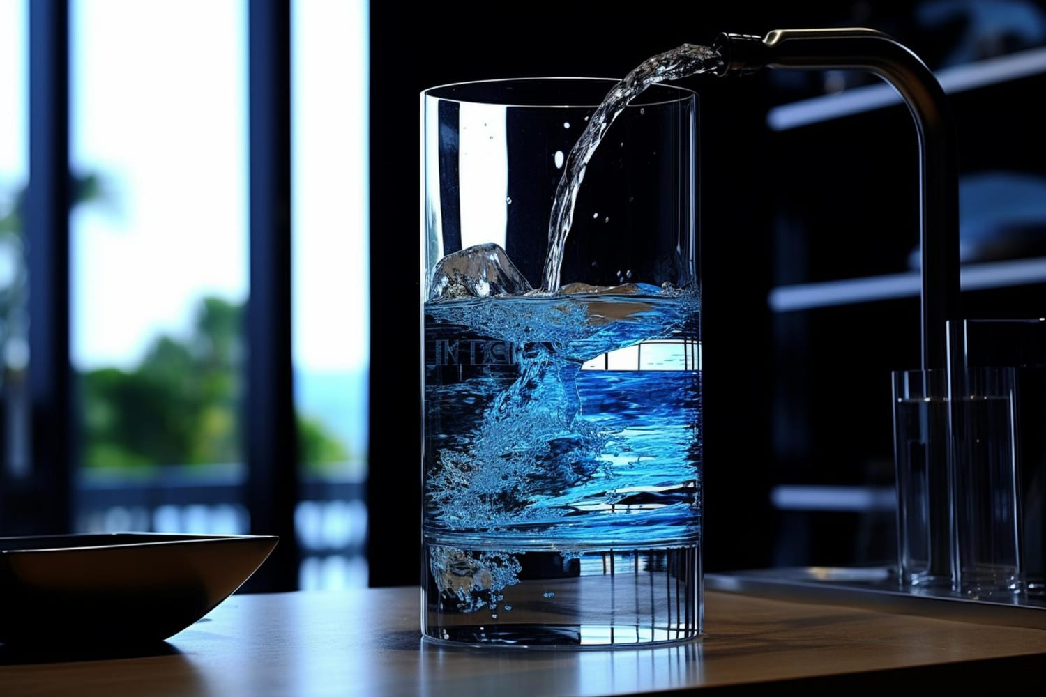 LG su arıtma cihazı musluğundan akan berrak içme suyu dolan bardak